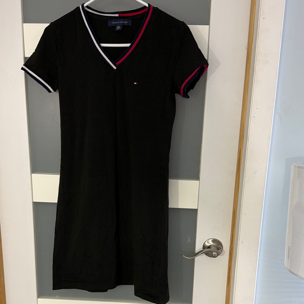 Tommy Hilfiger Black V-Neck Dress with Red and White Accents